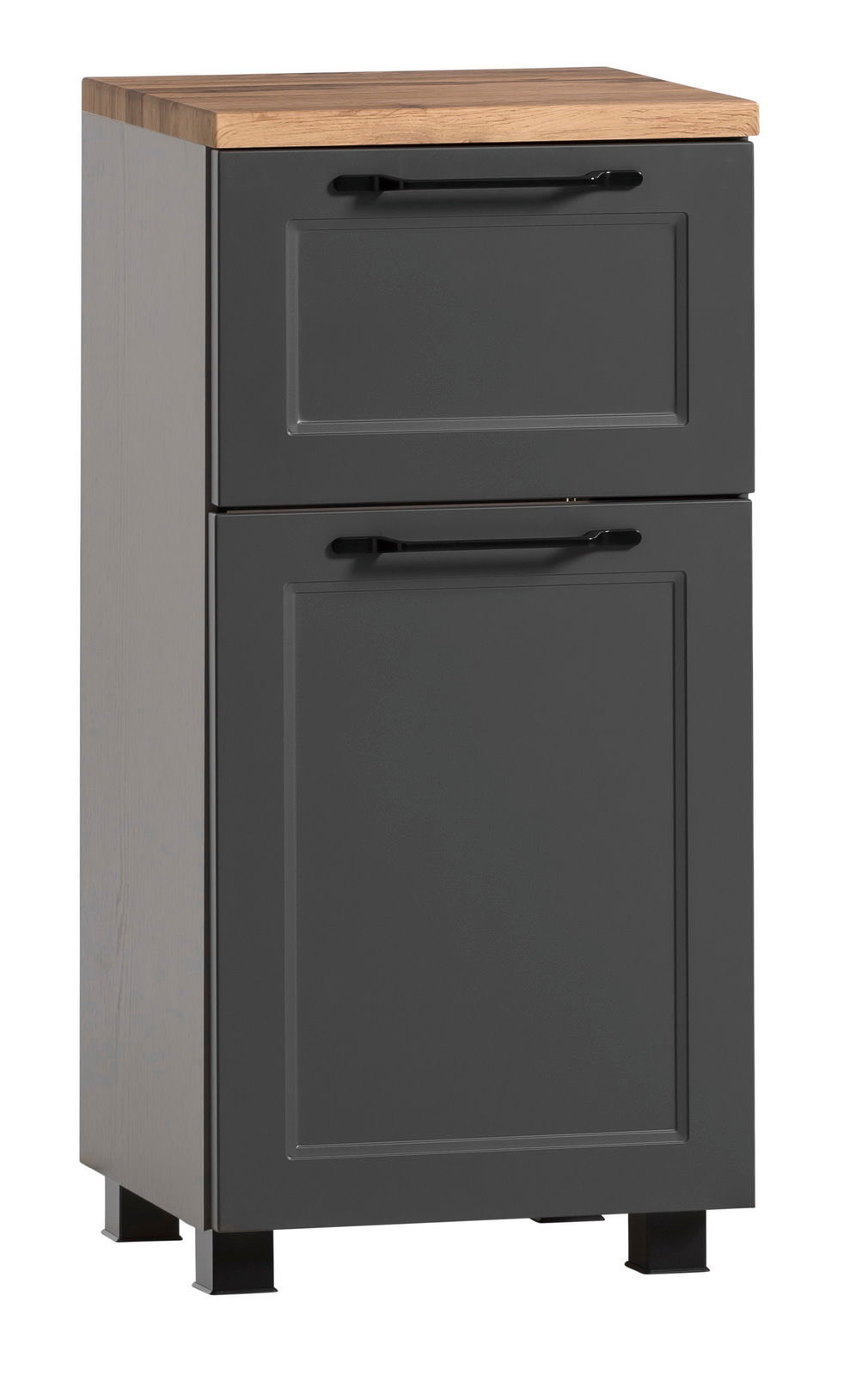 XORA Unterschrank MERAN Moderner Unterschrank mit grauer Front und Holzplatte, Frontalansicht