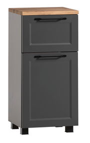 Moderner Unterschrank mit grauer Front und Holzplatte, Frontalansicht