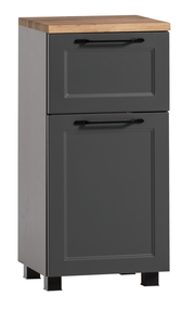 Moderner Unterschrank mit grauer Front und Holzplatte, Frontalansicht