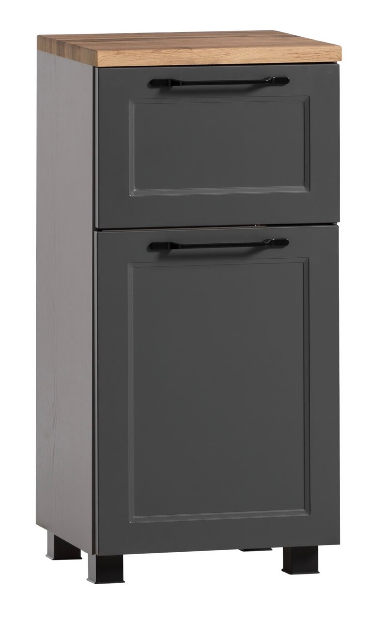 Moderner Unterschrank mit grauer Front und Holzplatte, Frontalansicht