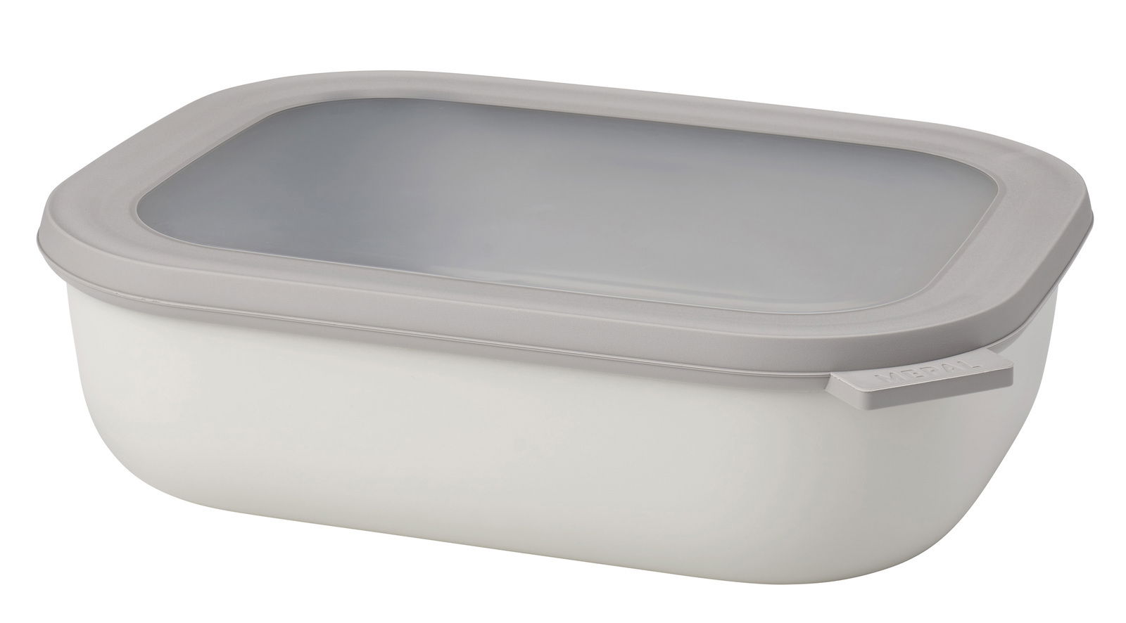 Rechteckige Multischüssel Cirqula mit grauem Deckel, seitliche Perspektive