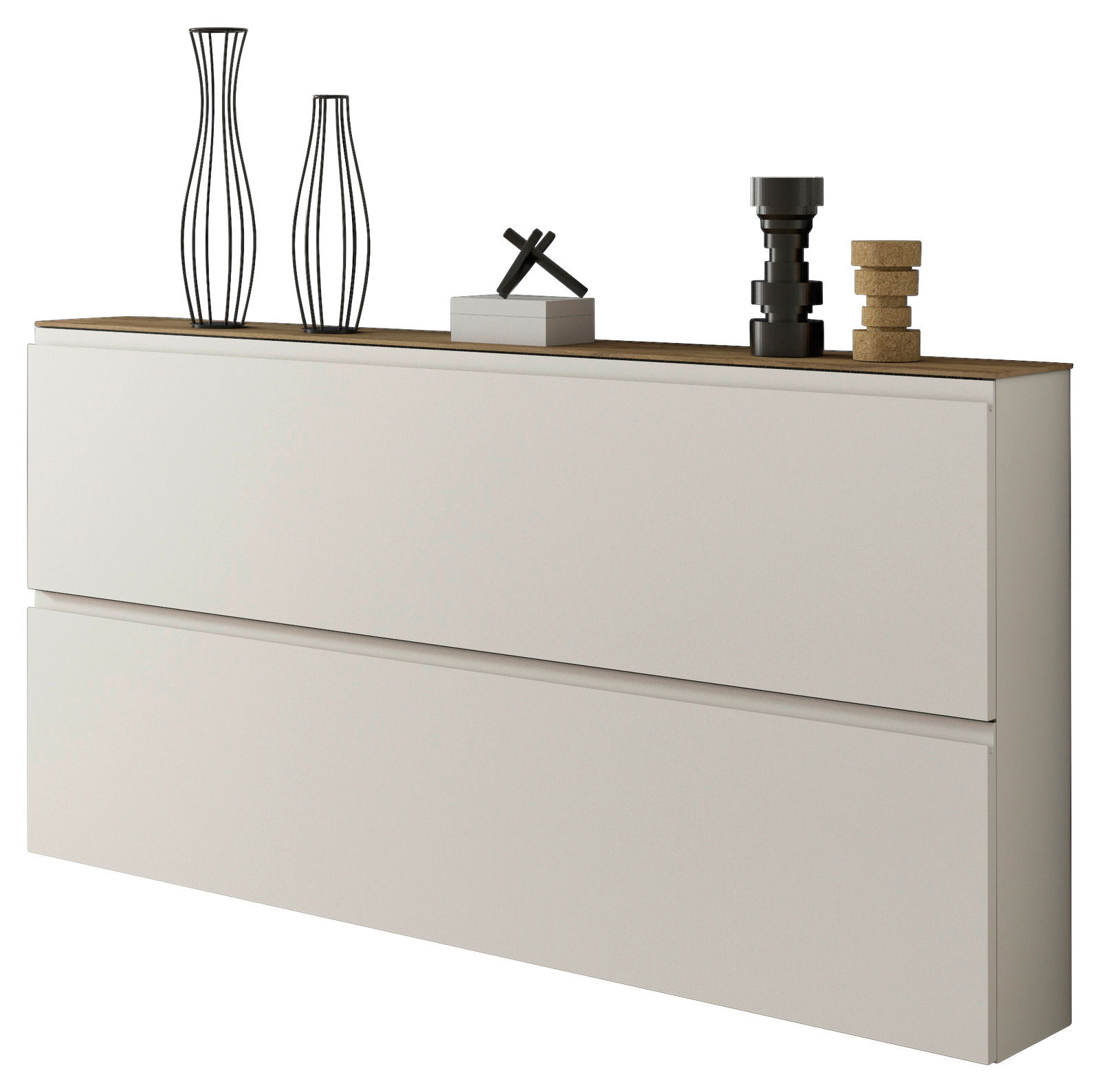 Moderner XL-Hängeschuhschrank mit zwei Klappen, seitliche Perspektive, dekoriert mit Vasen und Accessoires auf der Oberseite.