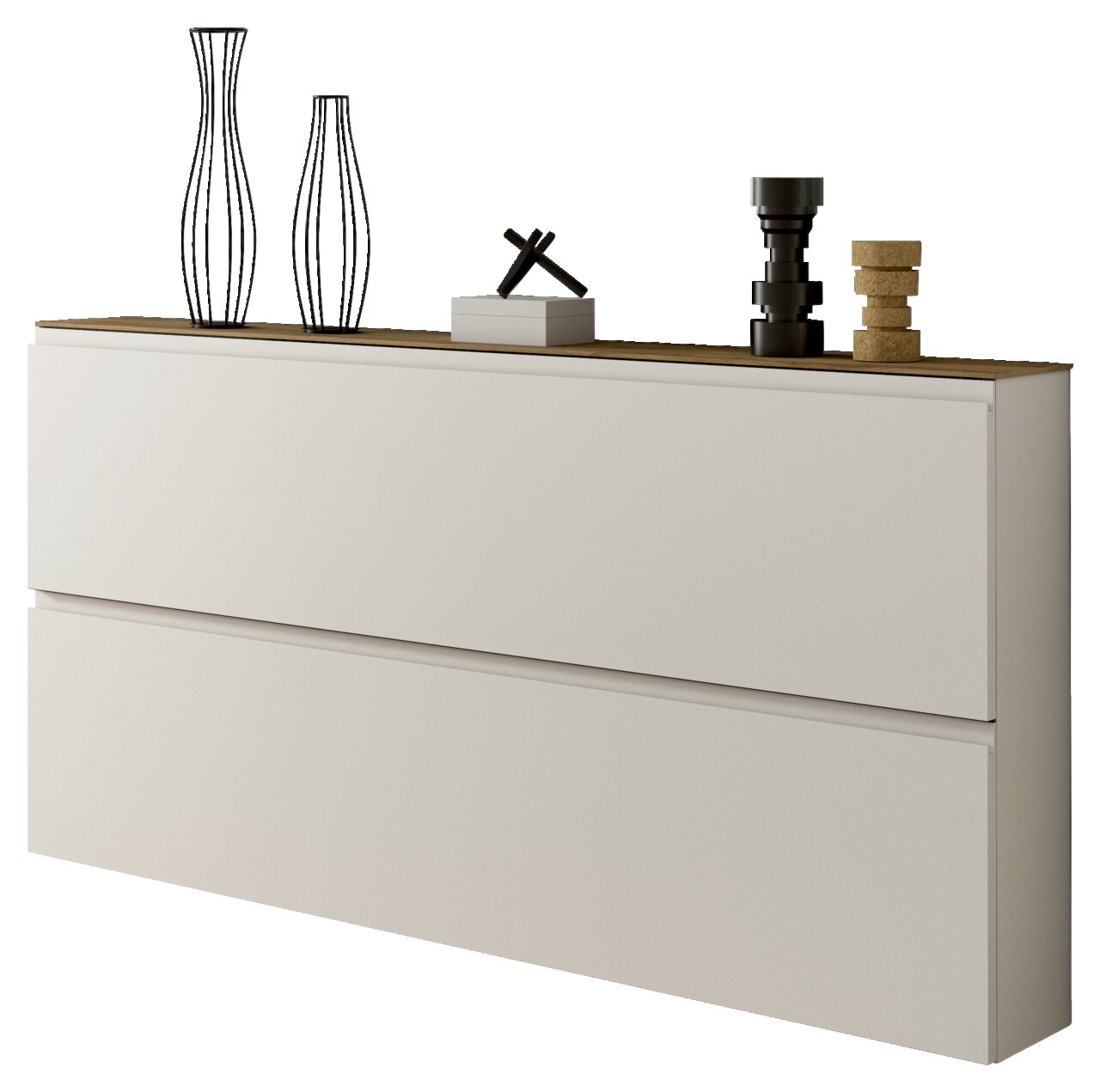 Moderner XL-Hängeschuhschrank mit zwei Klappen, seitliche Perspektive, dekoriert mit Vasen und Accessoires auf der Oberseite.