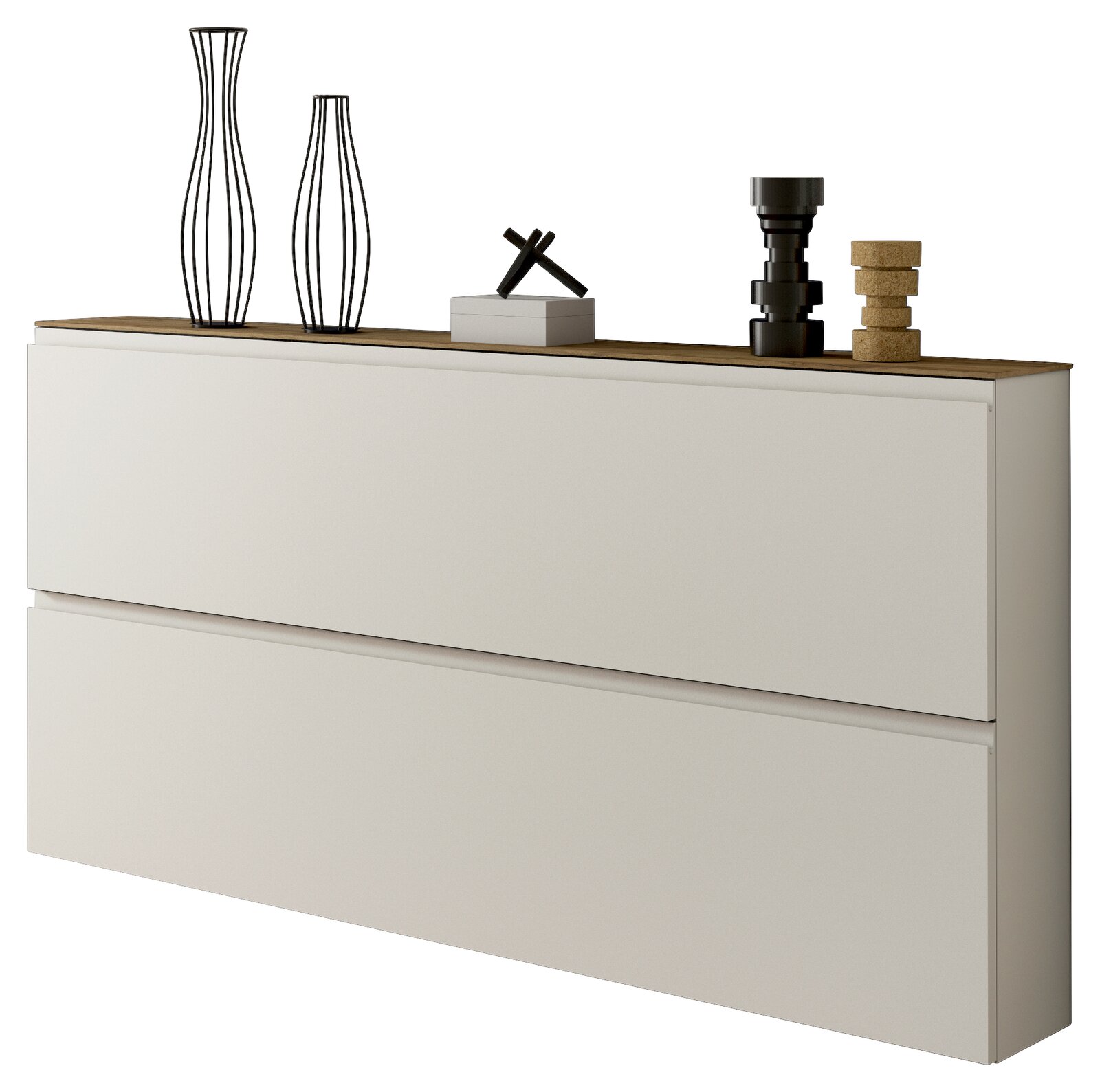 Moderner XL-Hängeschuhschrank mit zwei Klappen, seitliche Perspektive, dekoriert mit Vasen und Accessoires auf der Oberseite.