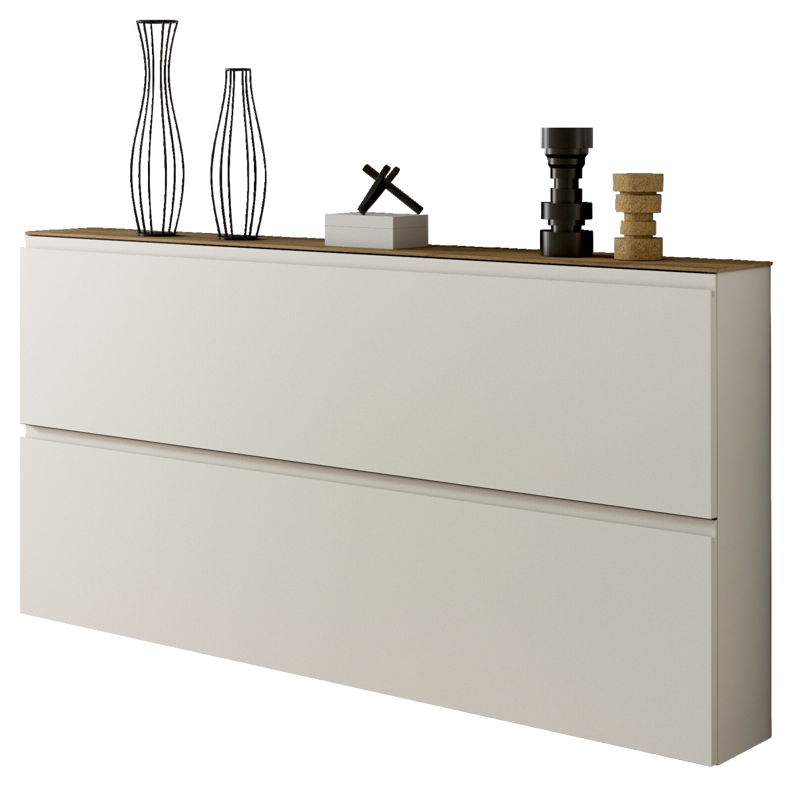 Moderne XL-hangkast met twee deuren, zijaanzicht, versierd met vazen en accessoires op het bovenblad.