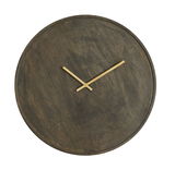 Runde Wanduhr aus dunklem Holz mit goldenen Zeigern, Ansicht von vorne