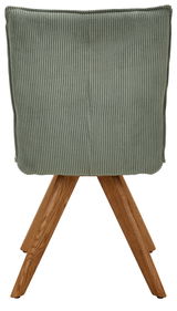 Rückansicht eines Stuhls mit grünem, geripptem Stoffbezug und Holzbeinen.