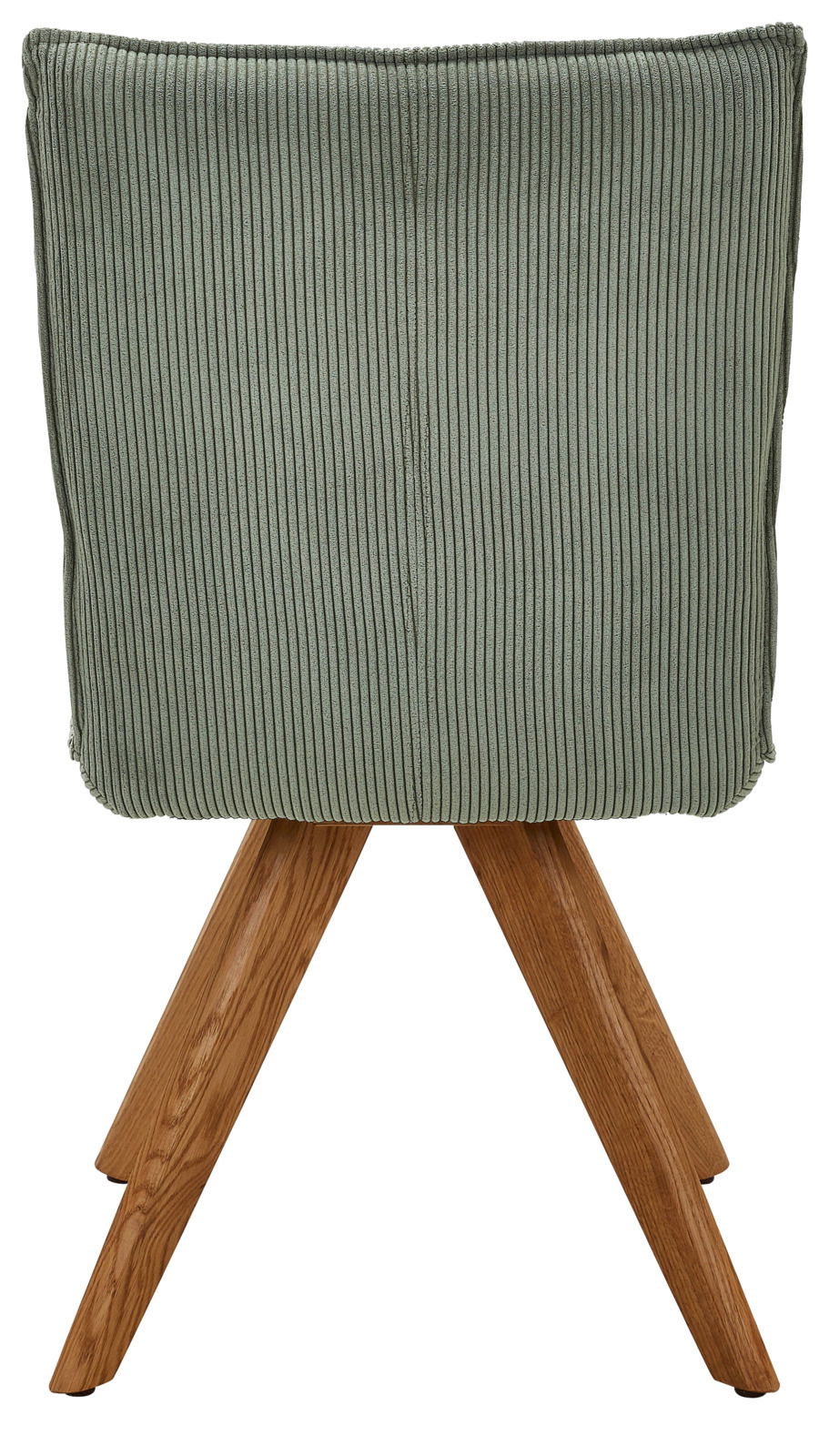 Johann Jakob Stuhl CALAS Rückansicht eines Stuhls mit grünem, geripptem Stoffbezug und Holzbeinen.
