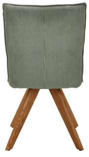 Rückansicht eines Stuhls mit grünem, geripptem Stoffbezug und Holzbeinen.