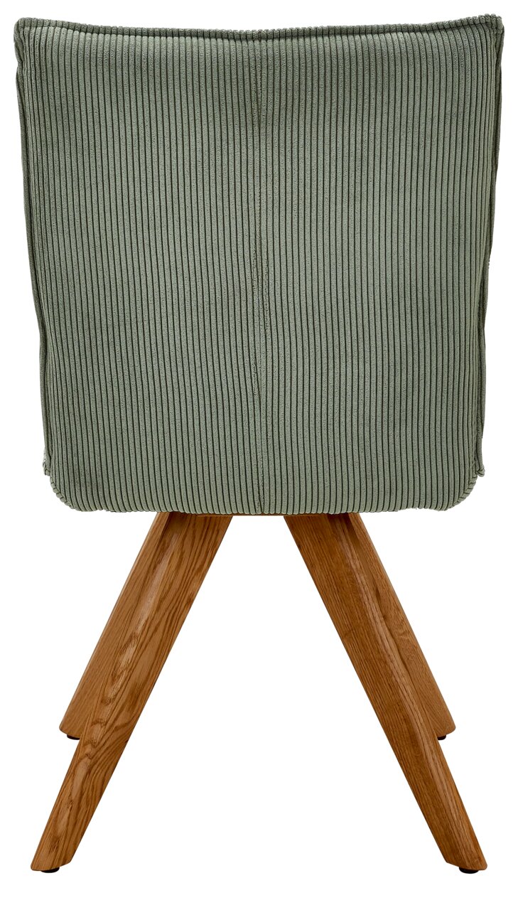 Johann Jakob Stuhl CALAS Rückansicht eines Stuhls mit grünem, geripptem Stoffbezug und Holzbeinen.