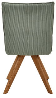 Rückansicht eines Stuhls mit grünem, geripptem Stoffbezug und Holzbeinen.