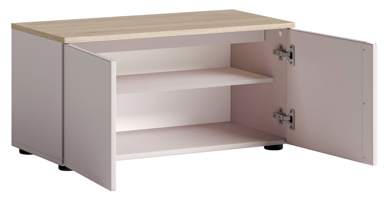 Offener Schrank mit zwei Regalböden und einer Holztür, Perspektive von vorne rechts