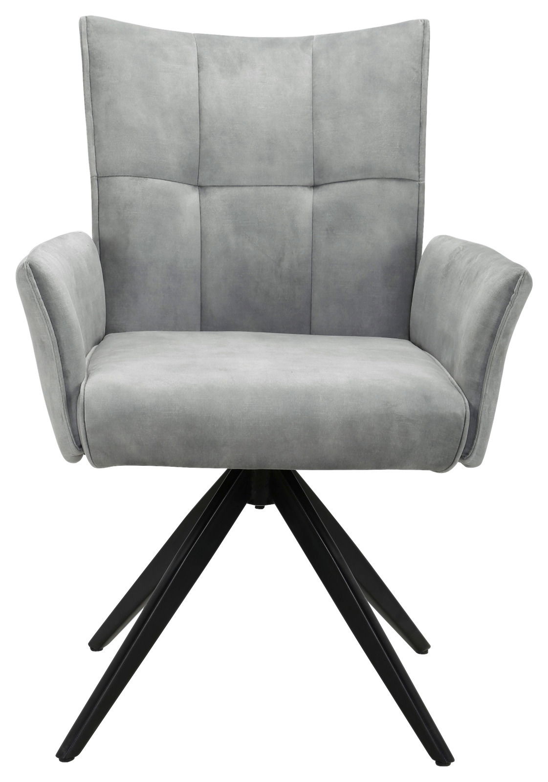 Grauer Armlehnstuhl mit schwarzem Metallgestell, Frontalansicht