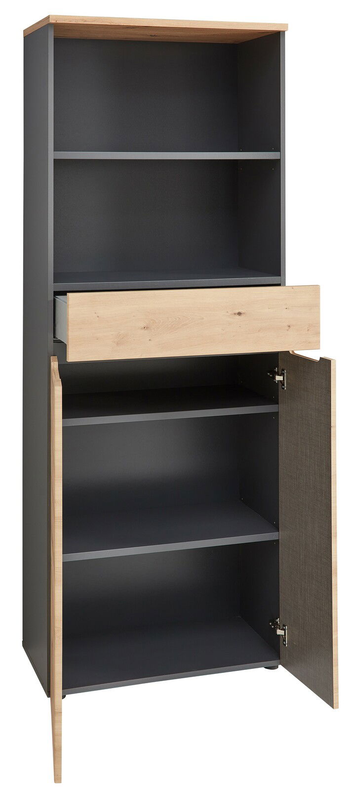 Regalschrank Voleo Detroit in Frontansicht mit offenem Schubfach und geöffneter Tür, modernes Design in Holzoptik und dunklem Grau.
