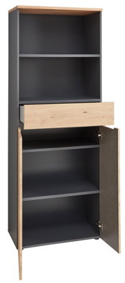 Voleo Detroit-kast in vooraanzicht met open lade en geopende deur, modern ontwerp in houtlook en donkergrijs.
