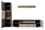 Modernes Wohnzimmermöbel-Set mit hohem Schrank, Lowboard und Wandboard in Grau mit Holzfronten, Türen und Schublade geöffnet, Frontansicht.