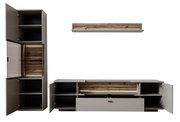 Modernes Wohnzimmermöbel-Set mit hohem Schrank, Lowboard und Wandboard in Grau mit Holzfronten, Türen und Schublade geöffnet, Frontansicht.