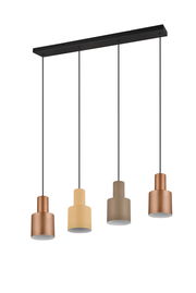 Pendelleuchte AGUDO mit vier unterschiedlich farbigen Lampenschirmen in Kupfer, Beige und Braun, von vorne betrachtet.