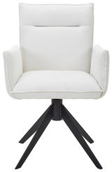 Frontansicht eines weißen Armlehnstuhls mit geripptem Stoffbezug und schwarzem Metallgestell.