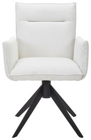 Frontansicht eines weißen Armlehnstuhls mit geripptem Stoffbezug und schwarzem Metallgestell.