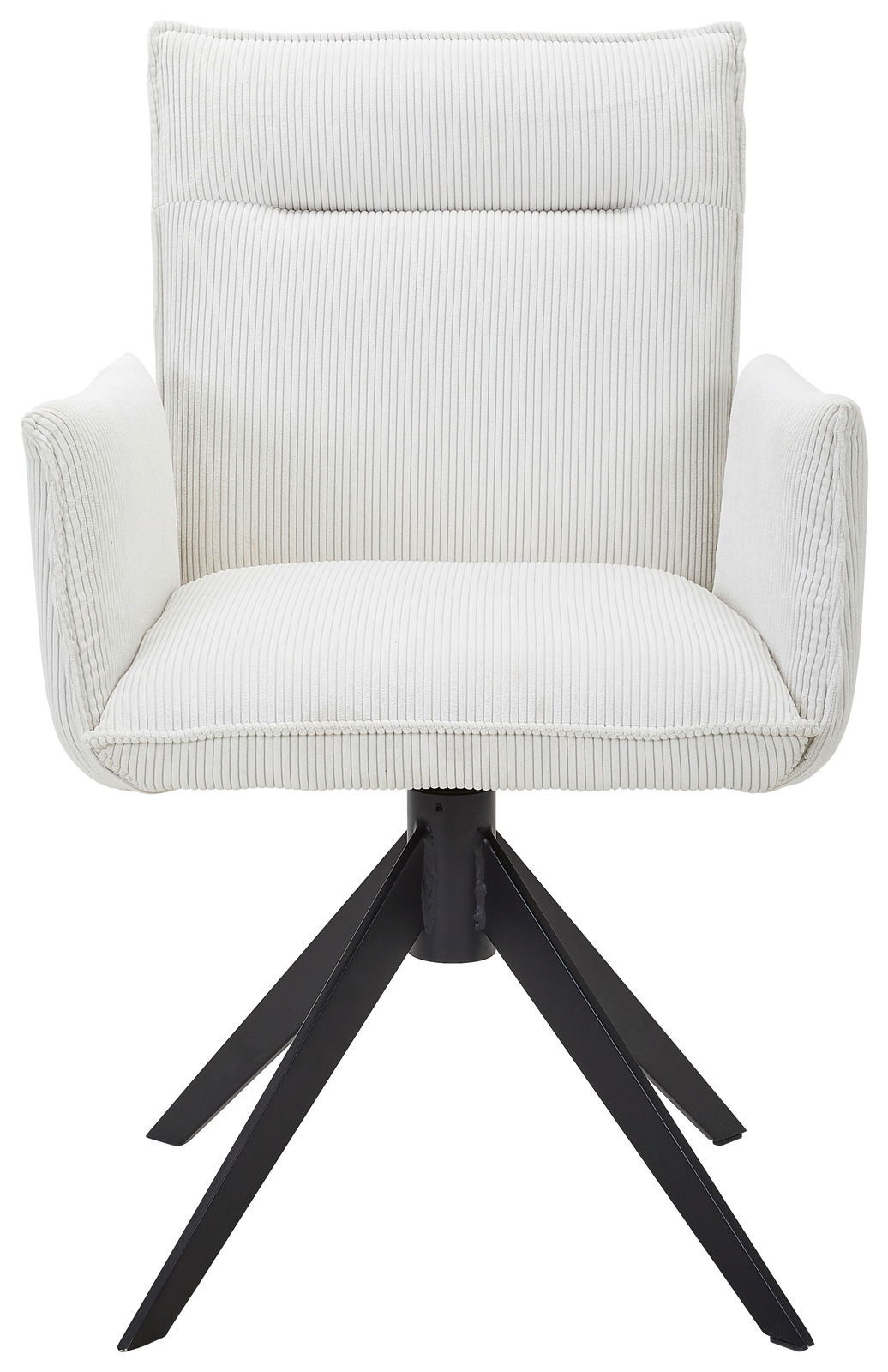 Frontansicht eines weißen Armlehnstuhls mit geripptem Stoffbezug und schwarzem Metallgestell.