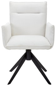 Frontansicht eines weißen Armlehnstuhls mit geripptem Stoffbezug und schwarzem Metallgestell.