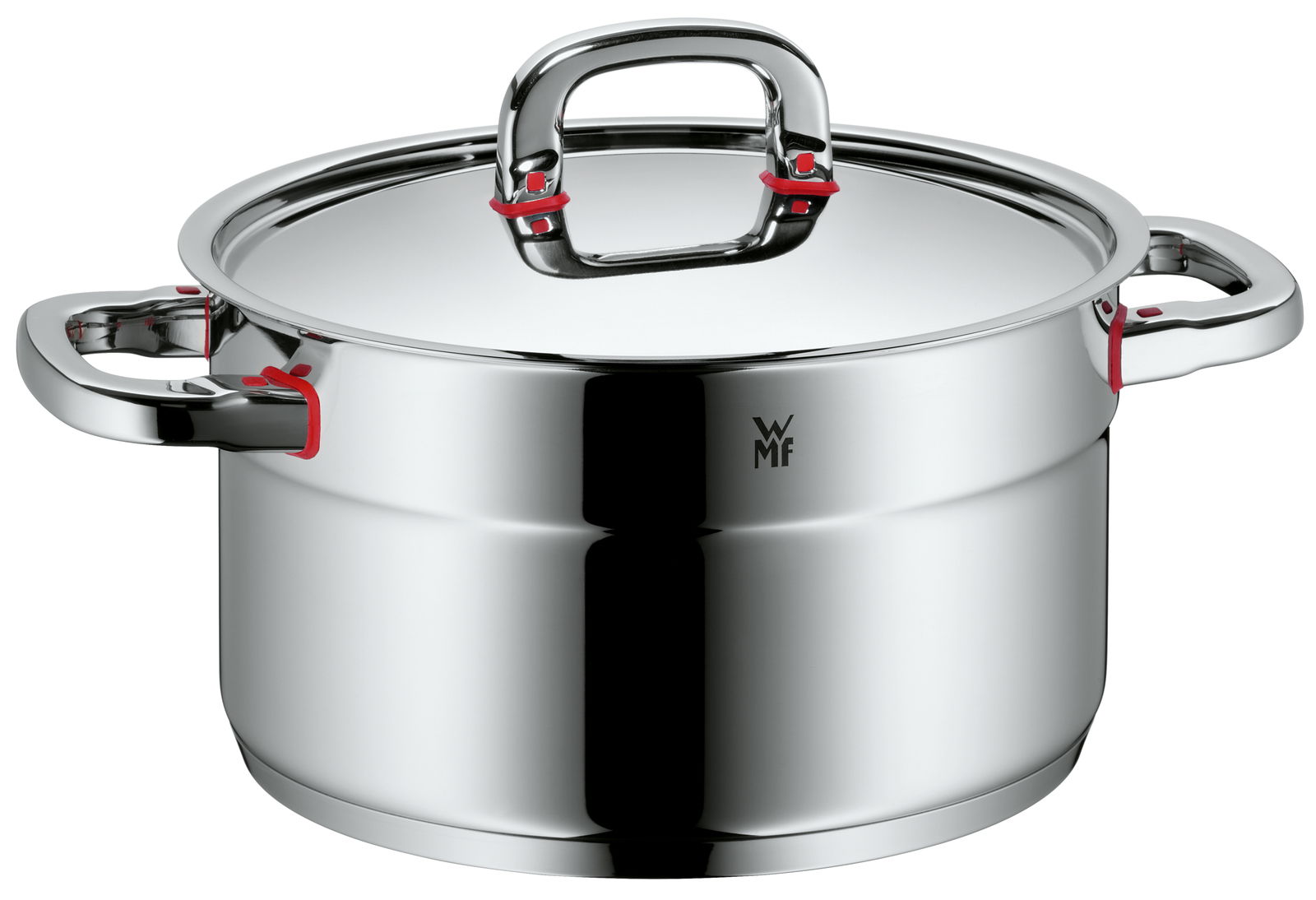 Hochwertiger Edelstahltopf mit Deckel und seitlichen Griffen, Vorderansicht