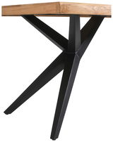 Moderner Esstisch mit schwarzem Metallgestell und Holzplatte, seitliche Perspektive