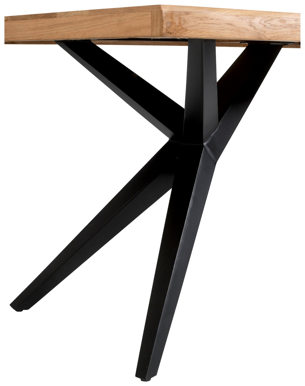 Moderner Esstisch mit schwarzem Metallgestell und Holzplatte, seitliche Perspektive