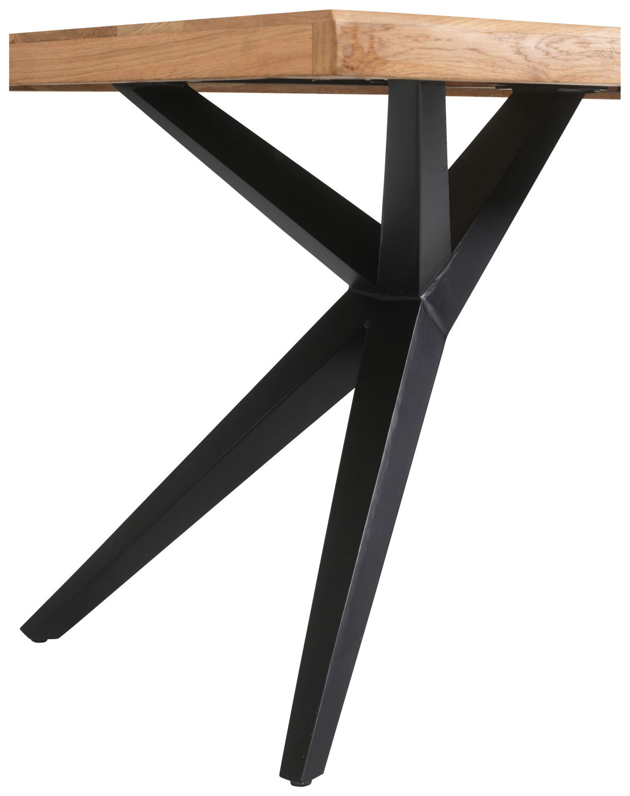 Moderner Esstisch mit schwarzem Metallgestell und Holzplatte, seitliche Perspektive