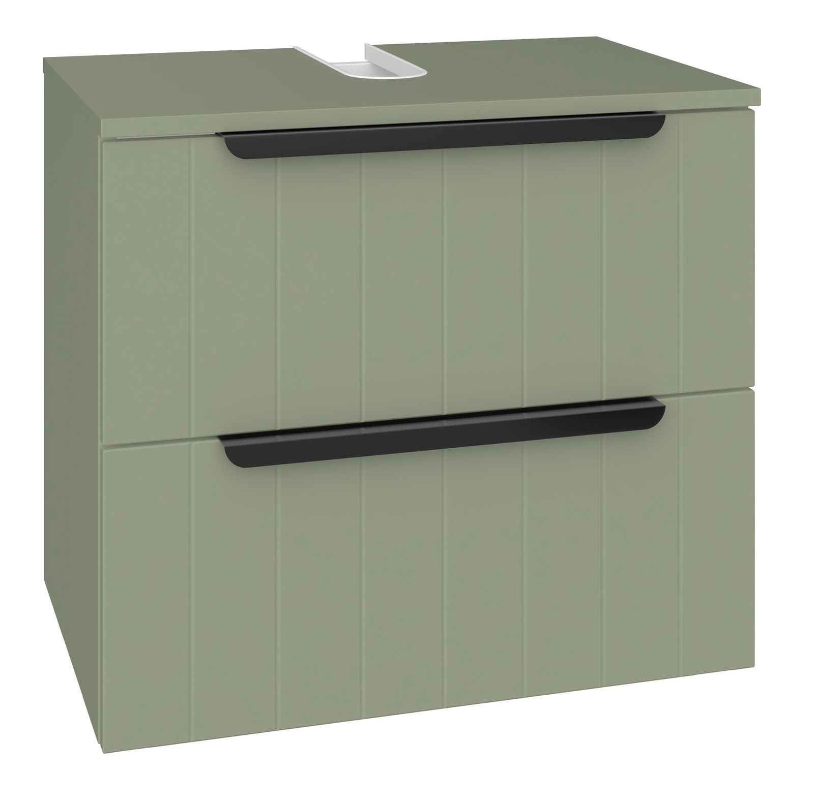 Grüner Waschbeckenunterschrank mit zwei Schubladen und schwarzen Griffen, seitliche Perspektive
