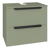 Grüner Waschbeckenunterschrank mit zwei Schubladen und schwarzen Griffen, seitliche Perspektive