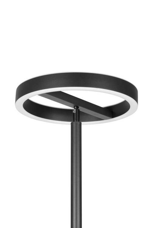 Moderner LED-Deckenfluter in schwarzem Design, seitliche Perspektive