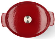 Roter ovaler Gusseisen-Bräter mit Deckel, Draufsicht