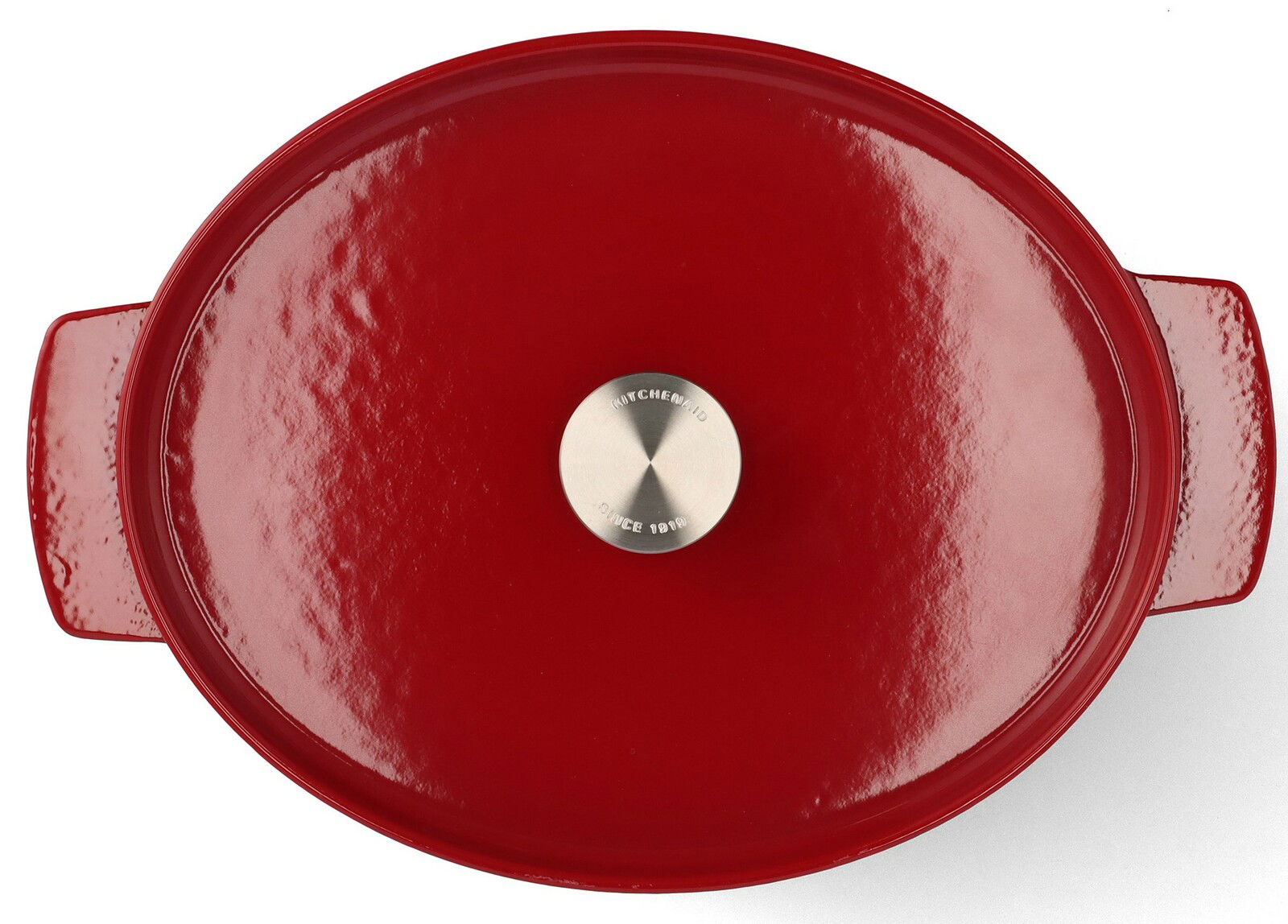 Roter ovaler Gusseisen-Bräter mit Deckel, Draufsicht