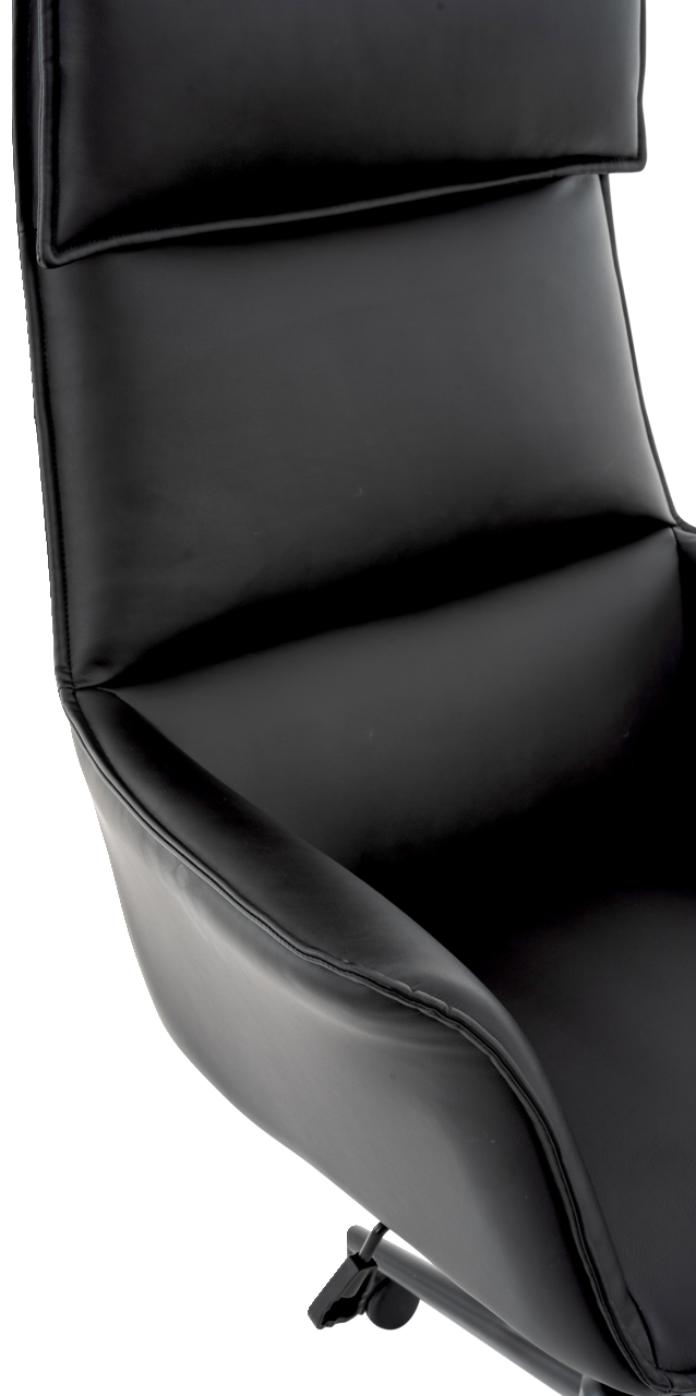 Nahaufnahme eines schwarzen Chefsessels aus Leder, seitliche Perspektive