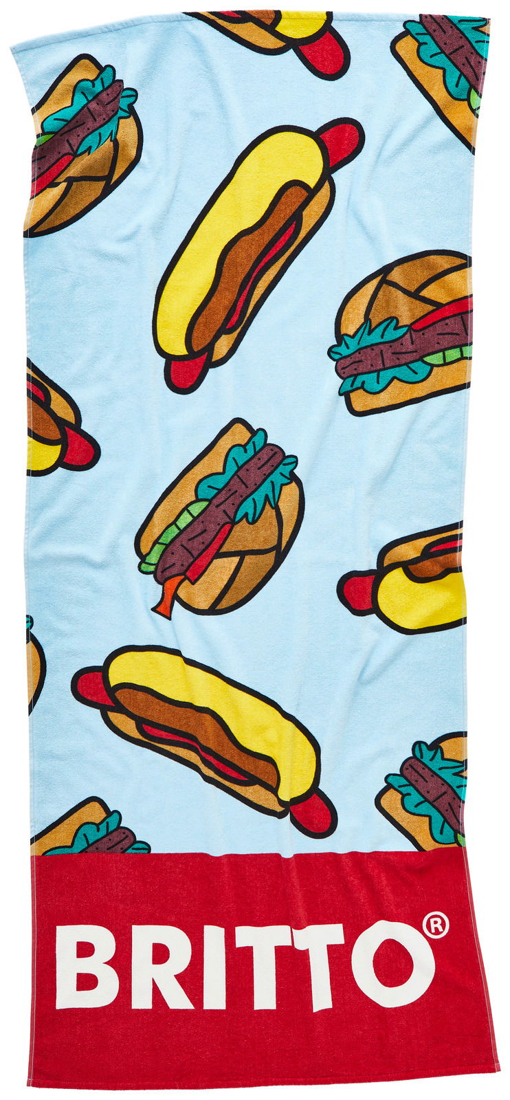 Velourstuch mit buntem Hotdog-Muster und rotem BRITTO-Logo am unteren Rand, aus der Vogelperspektive fotografiert.