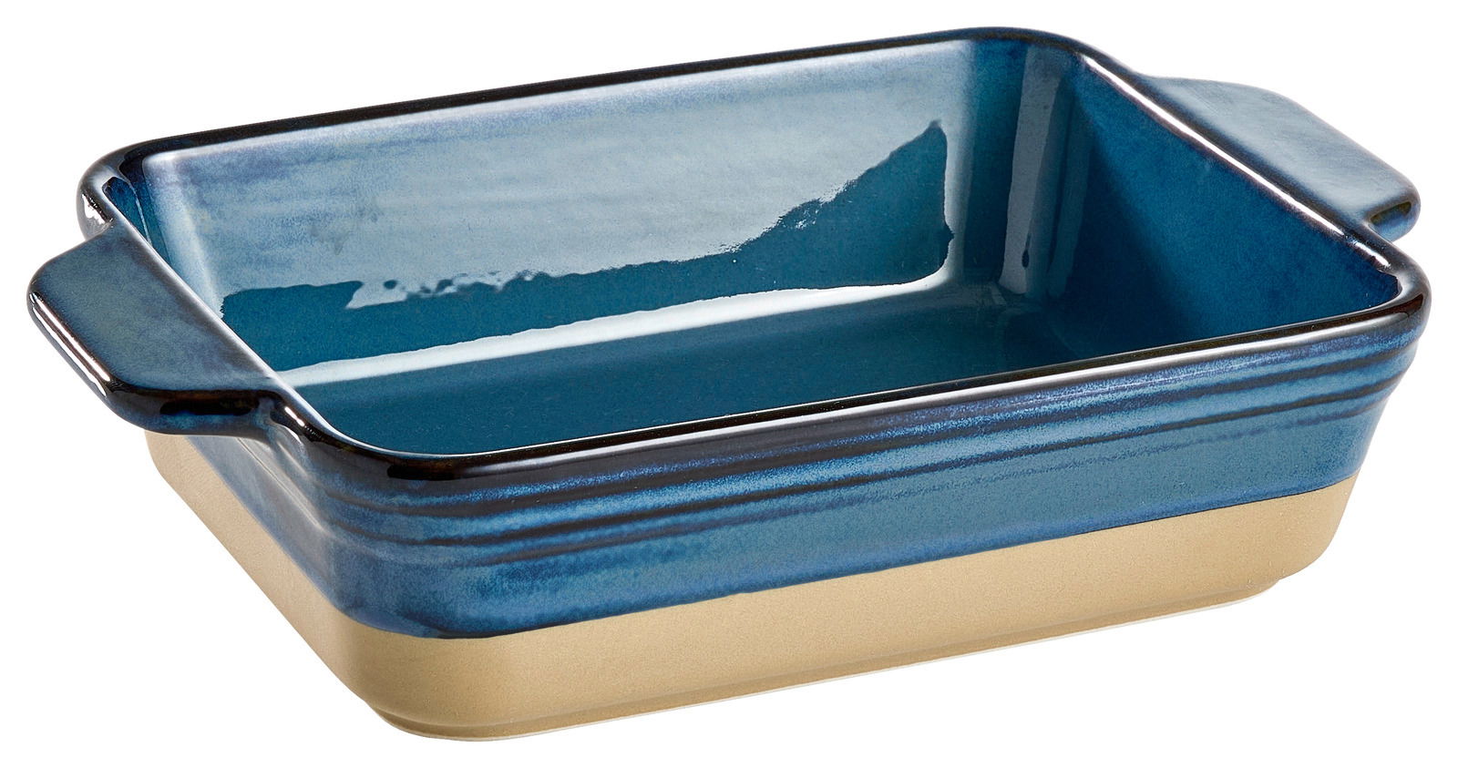 Rechteckige, blaue Auflaufform mit Griffen, seitliche Perspektive