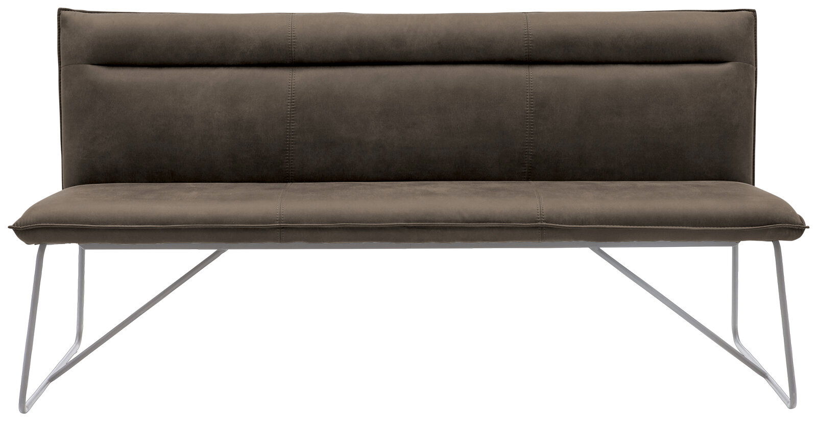 Moderne Bank mit grauem Polster und Metallbeinen, Frontalansicht