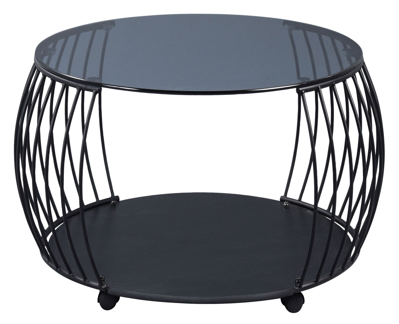 Moderner Couchtisch mit rundem Glasplatte und schwarzem Metallgestell, seitliche Perspektive.