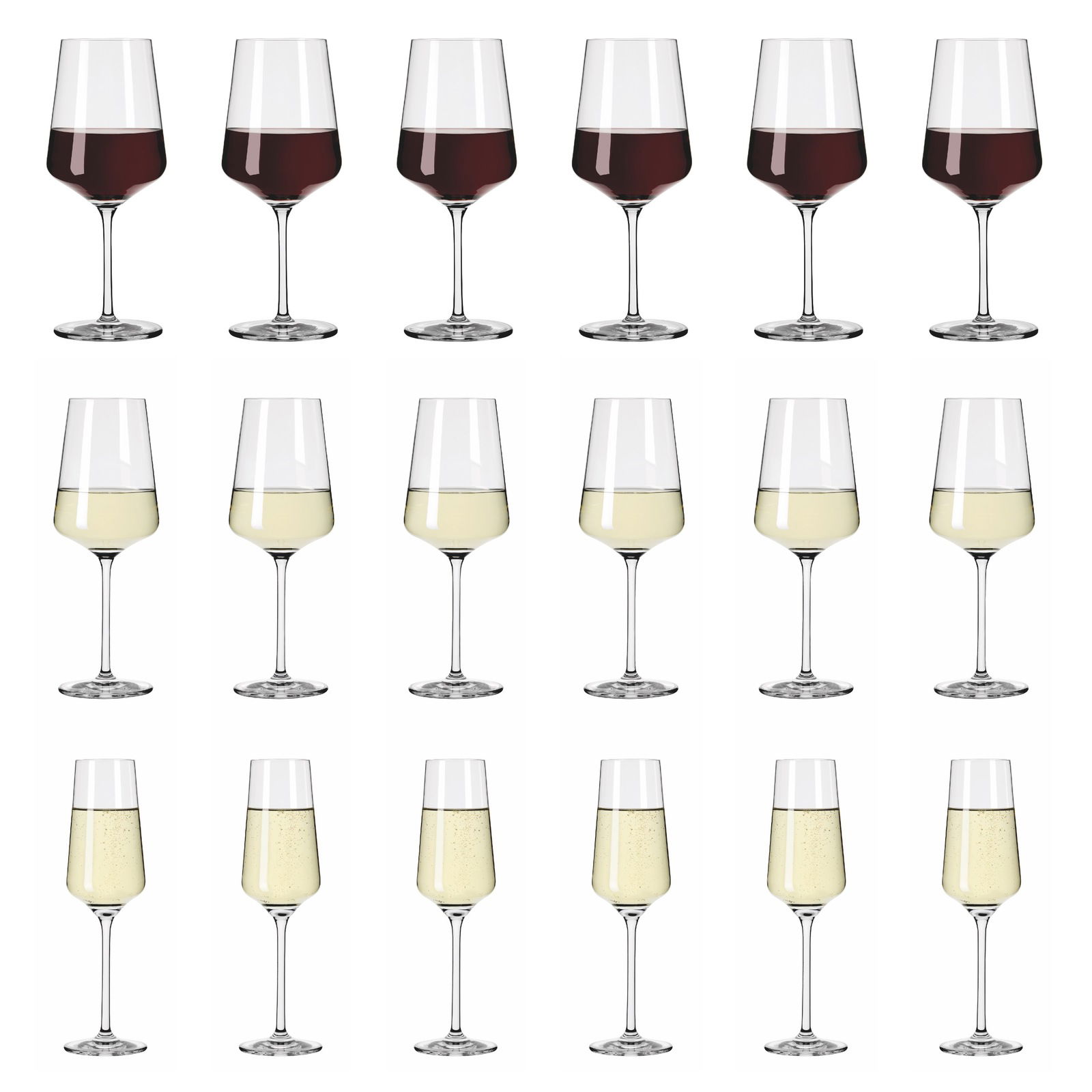 Set aus 18 Kelchgläsern mit Rotwein, Weißwein und Sekt, frontal abgebildet.
