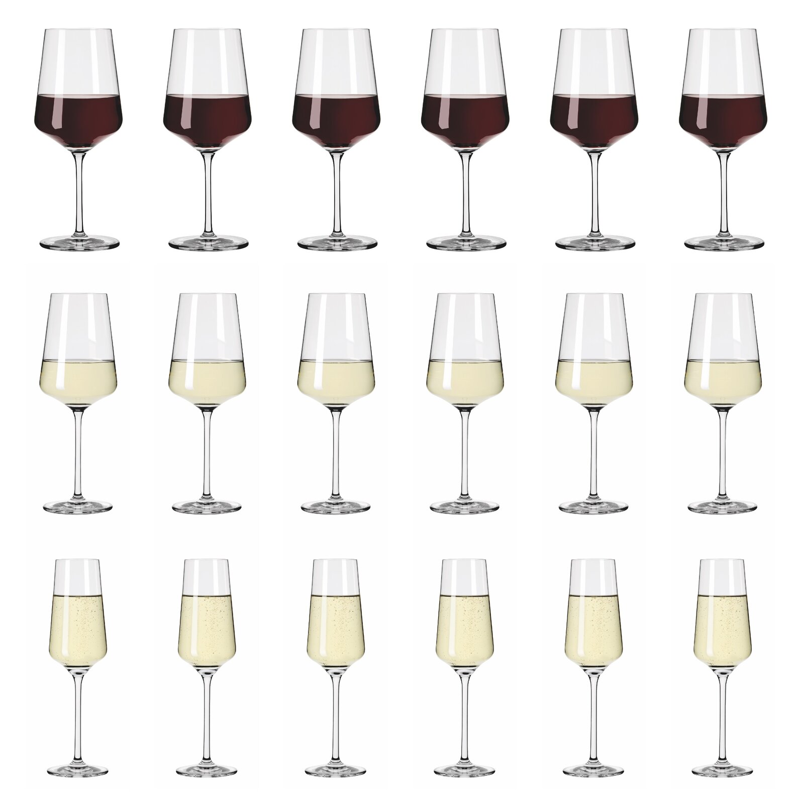 Set aus 18 Kelchgläsern mit Rotwein, Weißwein und Sekt, frontal abgebildet.
