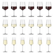 Set aus 18 Kelchgläsern mit Rotwein, Weißwein und Sekt, frontal abgebildet.