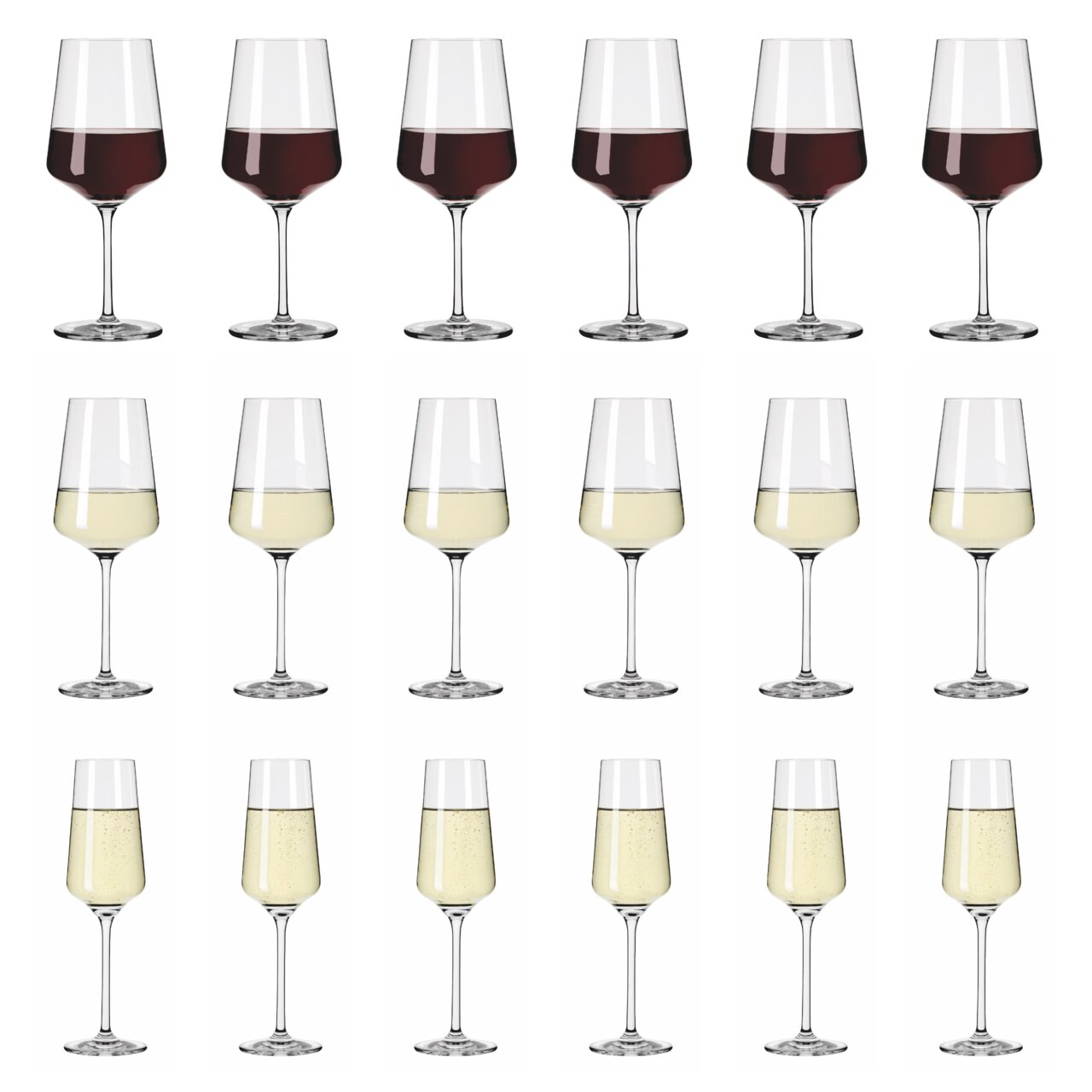 Set aus 18 Kelchgläsern mit Rotwein, Weißwein und Sekt, frontal abgebildet.