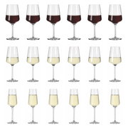 Set aus 18 Kelchgläsern mit Rotwein, Weißwein und Sekt, frontal abgebildet.
