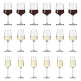 Set aus 18 Kelchgläsern mit Rotwein, Weißwein und Sekt, frontal abgebildet.