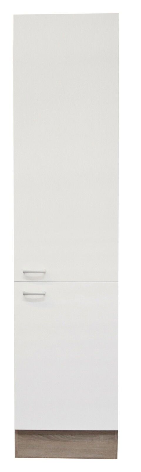 Vorratsschrank in weißer Frontansicht mit zwei Türen und Holzsockel