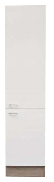 Vorratsschrank in weißer Frontansicht mit zwei Türen und Holzsockel