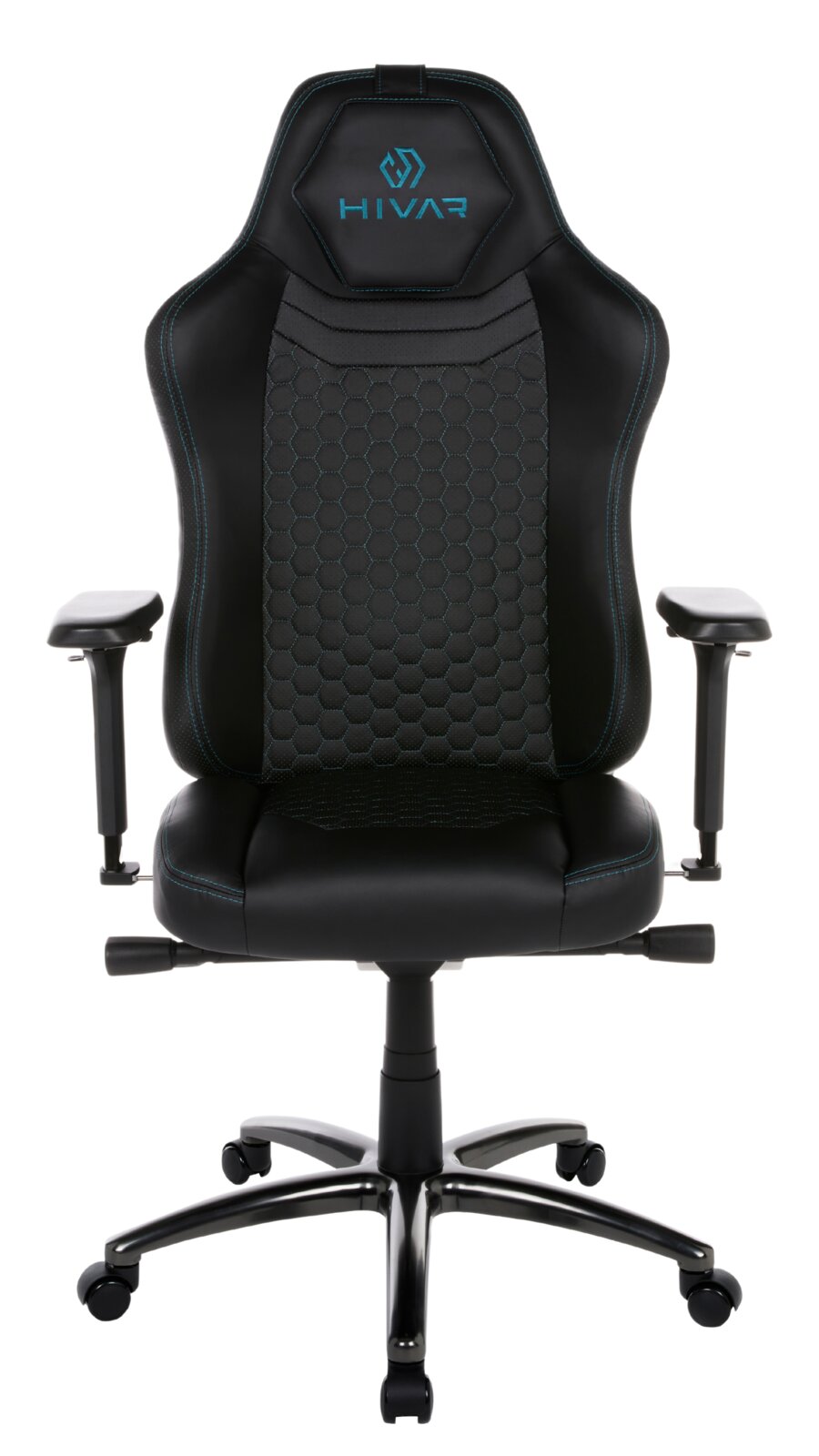 Gaming Stuhl in schwarzem Design mit blauen Akzenten, Vorderansicht