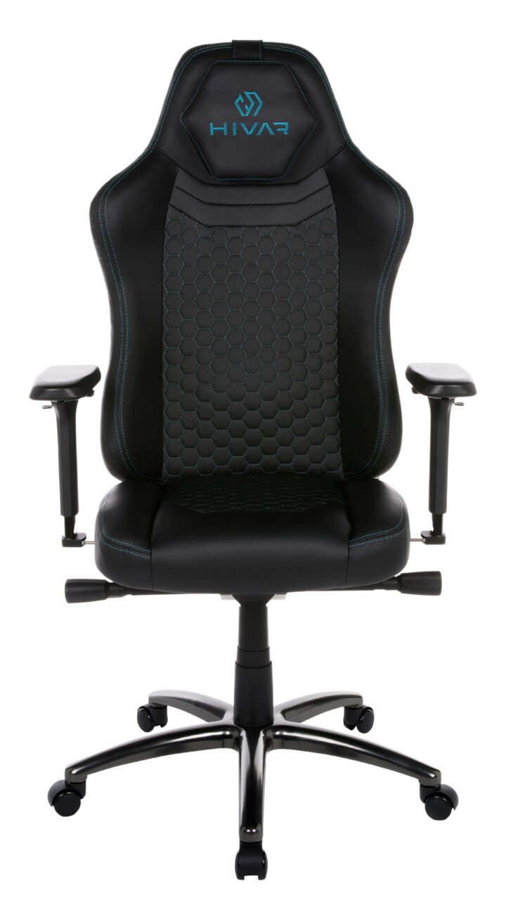 Gaming Stuhl in schwarzem Design mit blauen Akzenten, Vorderansicht